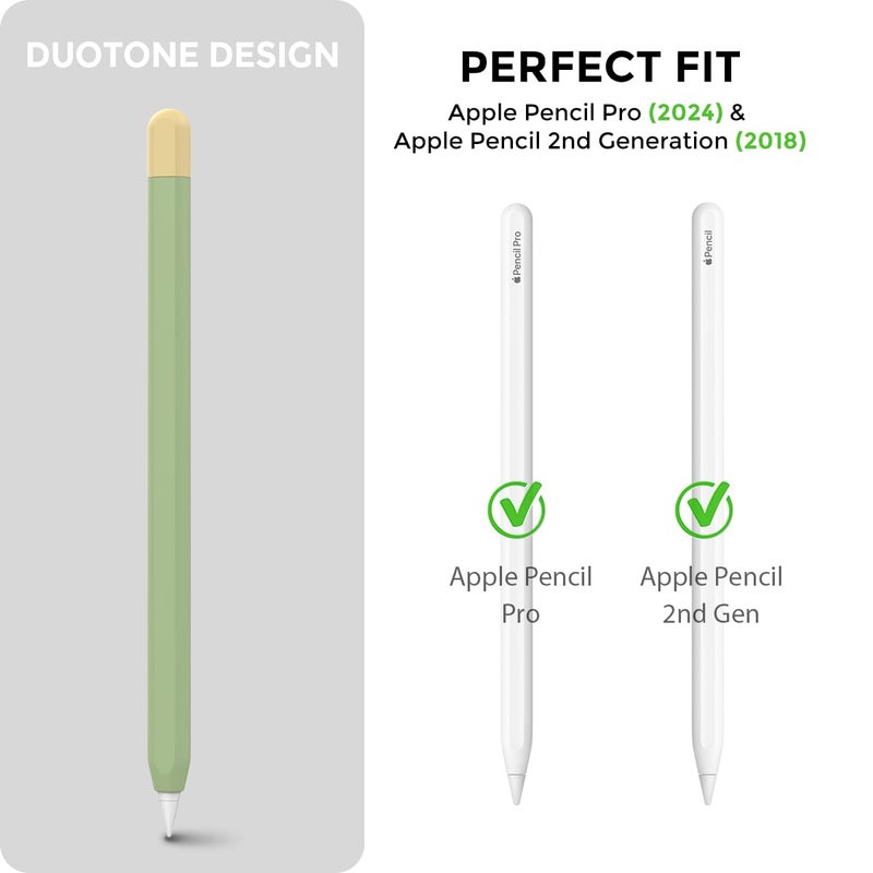 AHASTYLE Duotone Case for Apple Pencil 2nd Generation & Apple Pencil Pro (2024) Ultra Thin Protective Cover Silicone Skin Compatible with Magnetic Charging and Double Tap (Avocado Green+Yellow) - Image 2